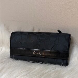 Coach Black Signature Continental Wallet with Gold Logo
